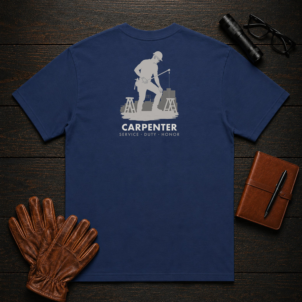 Carpenter t-shirt in True Navy, Measuring a Board (Male)