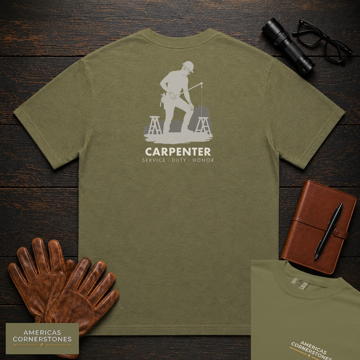 Carpenter embroidered t-shirt in Hemp, Measuring a Board (Male)