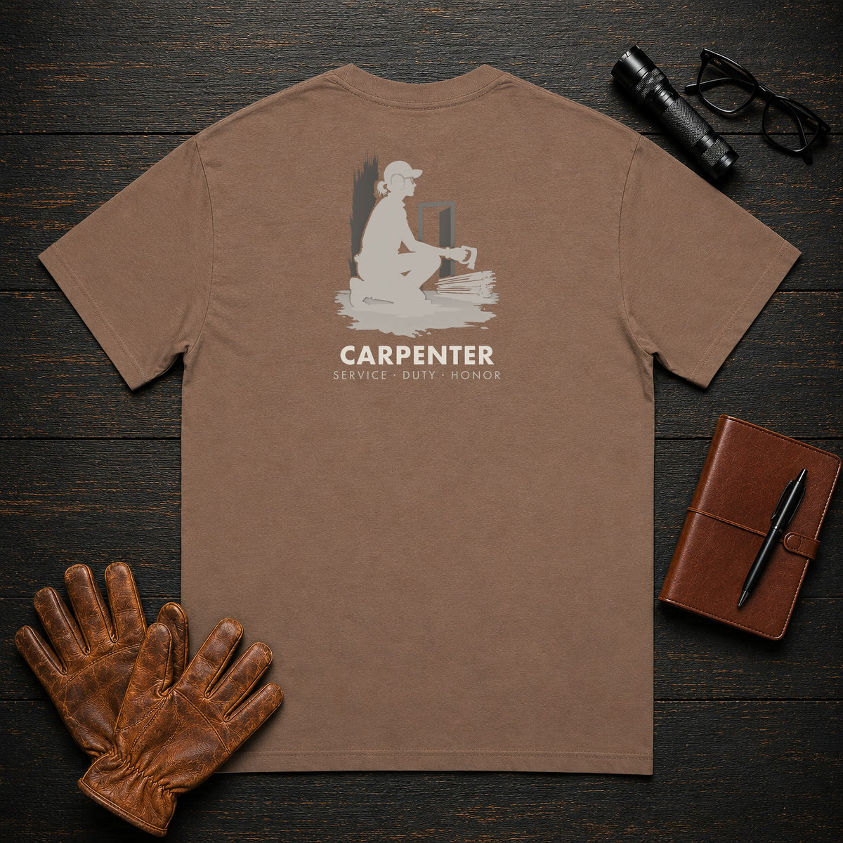 Carpenter t-shirt in Espresso, Sawing Trim (Female)