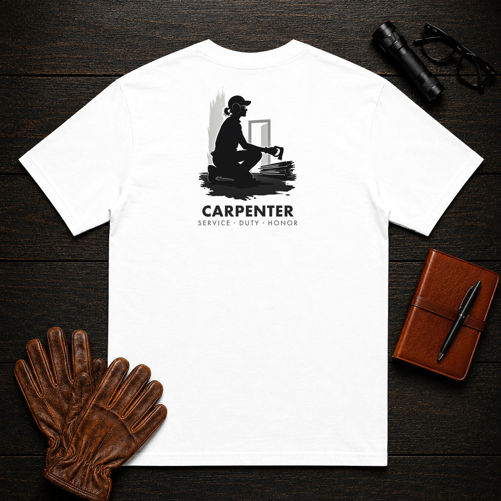 Carpenter t-shirt in White, Sawing Trim (Female)