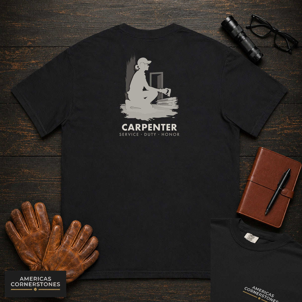 Carpenter embroidered t-shirt in Black, Sawing Trim (Female)