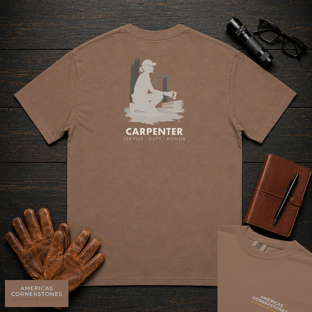 Carpenter embroidered t-shirt in Espresso, Sawing Trim (Female)