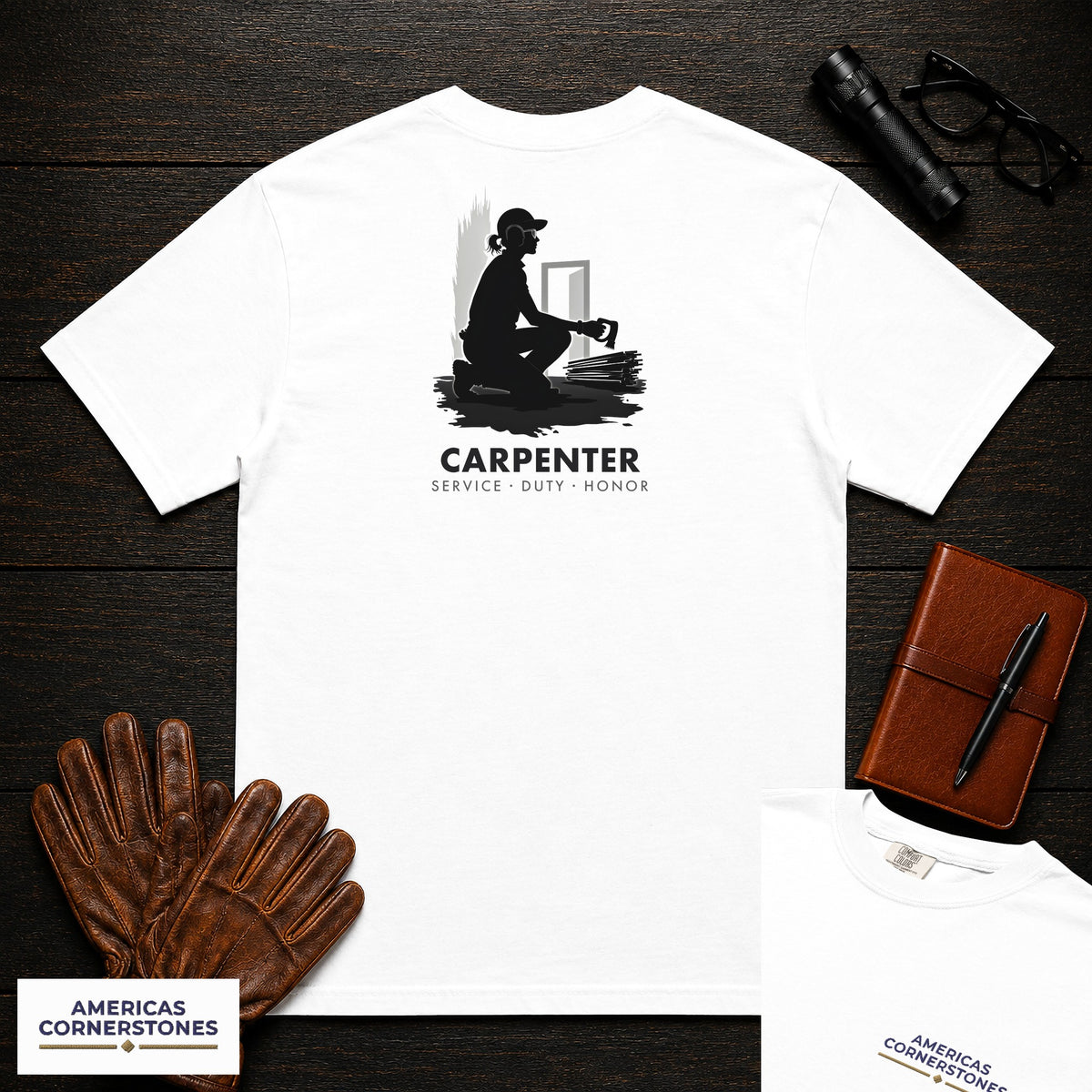 Carpenter embroidered t-shirt in White, Sawing Trim (Female)