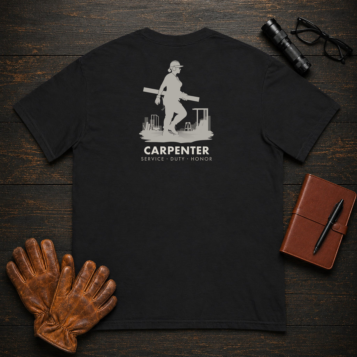 Carpenter t-shirt in Black, Carrying Lumber (Female)
