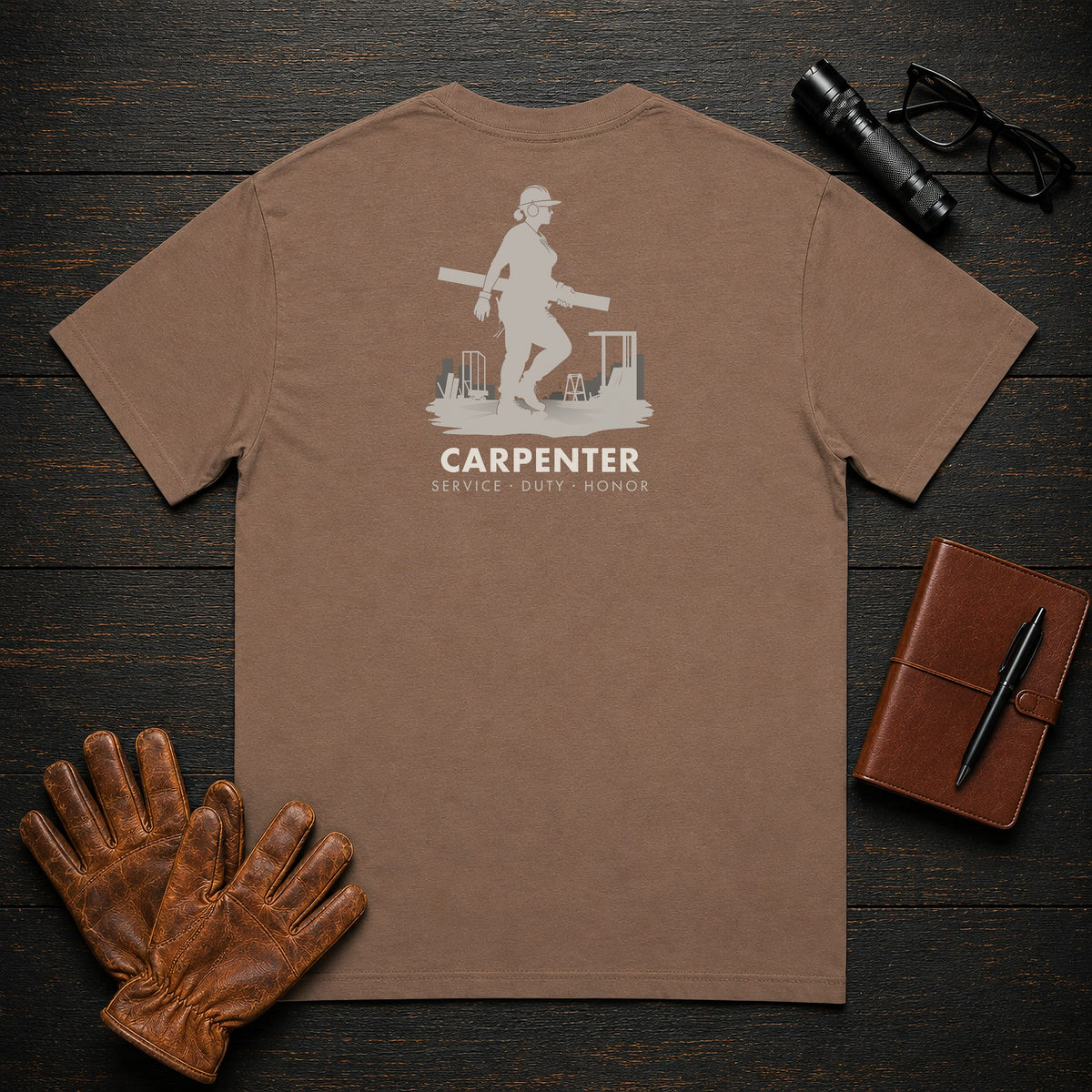 Carpenter t-shirt in Espresso, Carrying Lumber (Female)