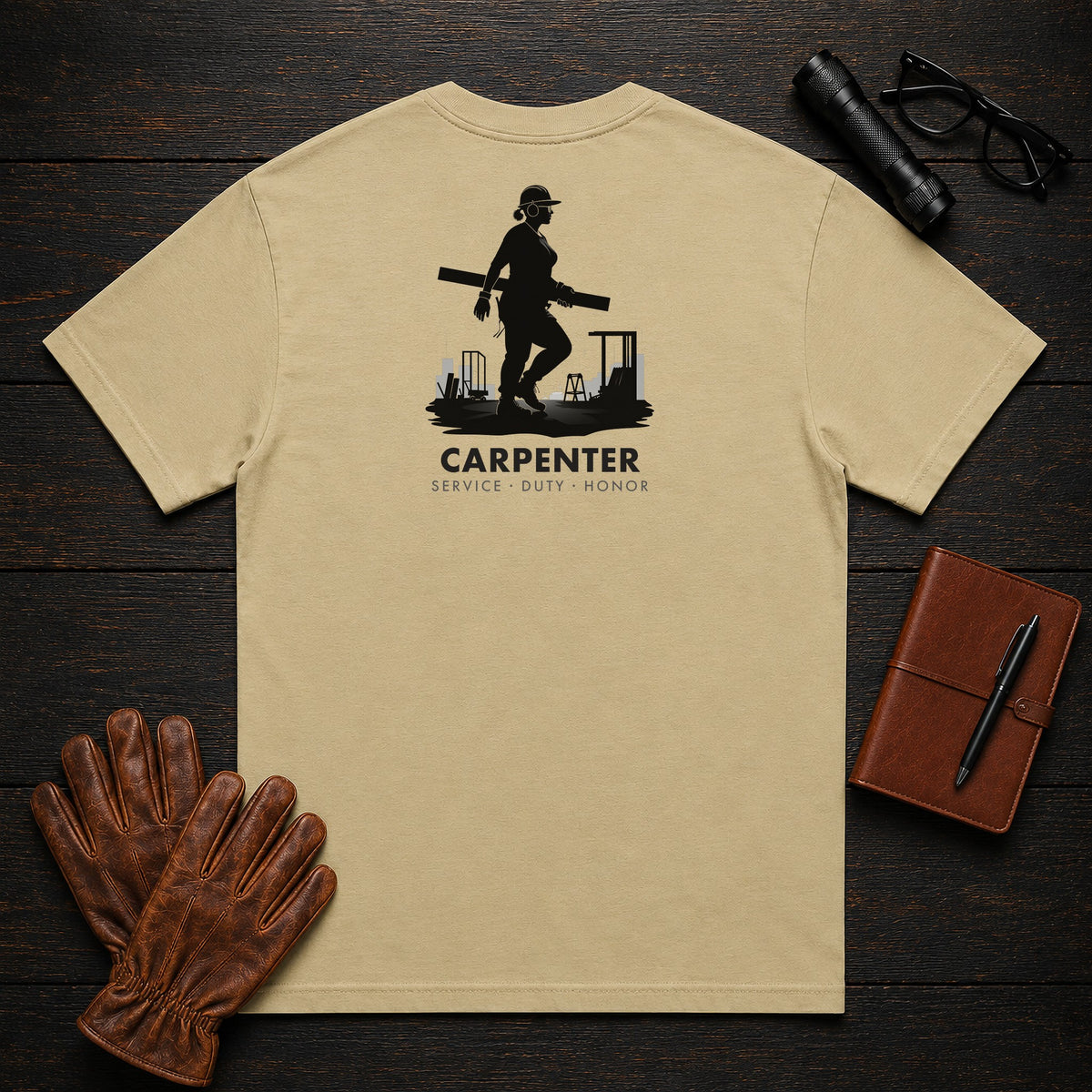 Carpenter t-shirt in Khaki, Carrying Lumber (Female)