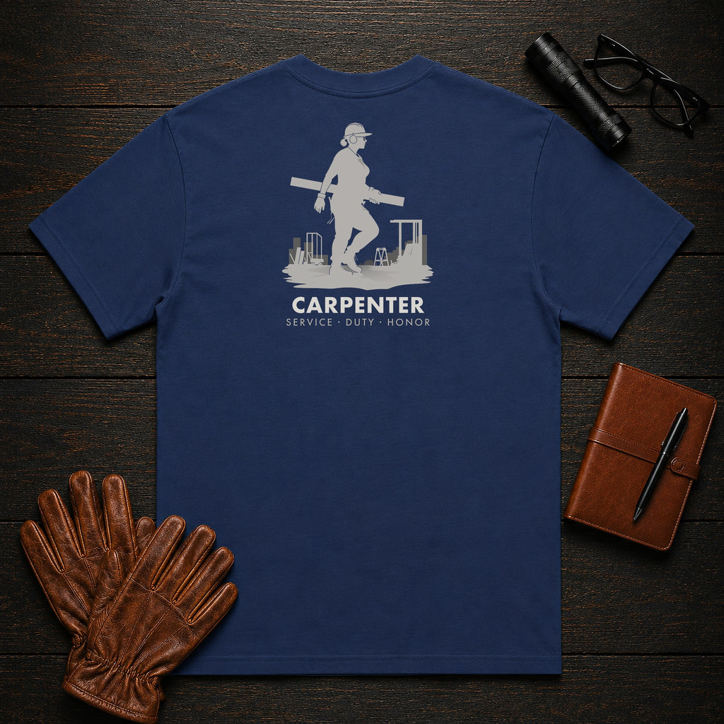 Carpenter t-shirt in True Navy, Carrying Lumber (Female)