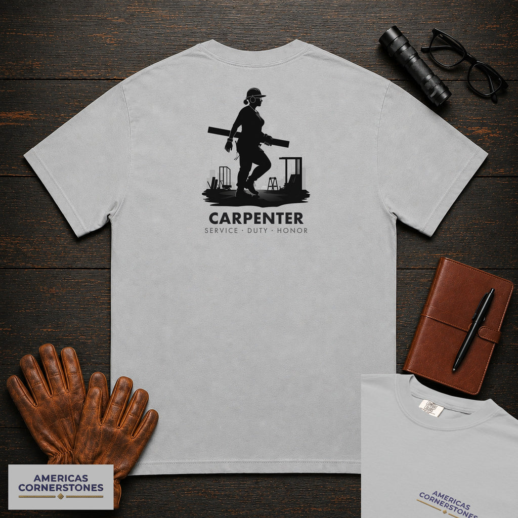 Carpenter embroidered t-shirt in Granite, Carrying Lumber (Female)