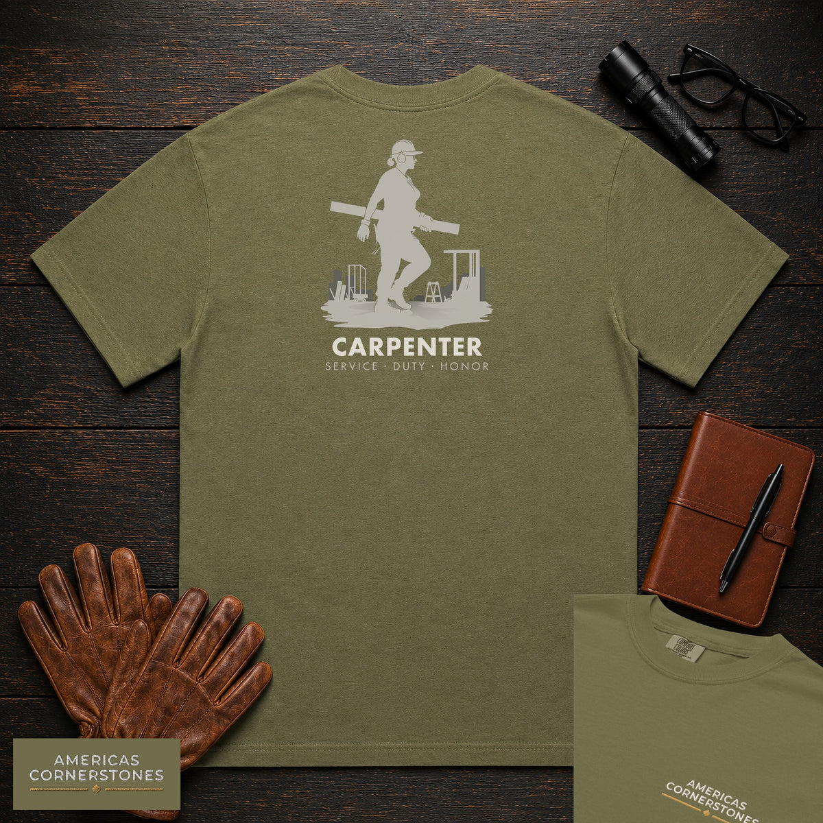 Carpenter embroidered t-shirt in Hemp, Carrying Lumber (Female)