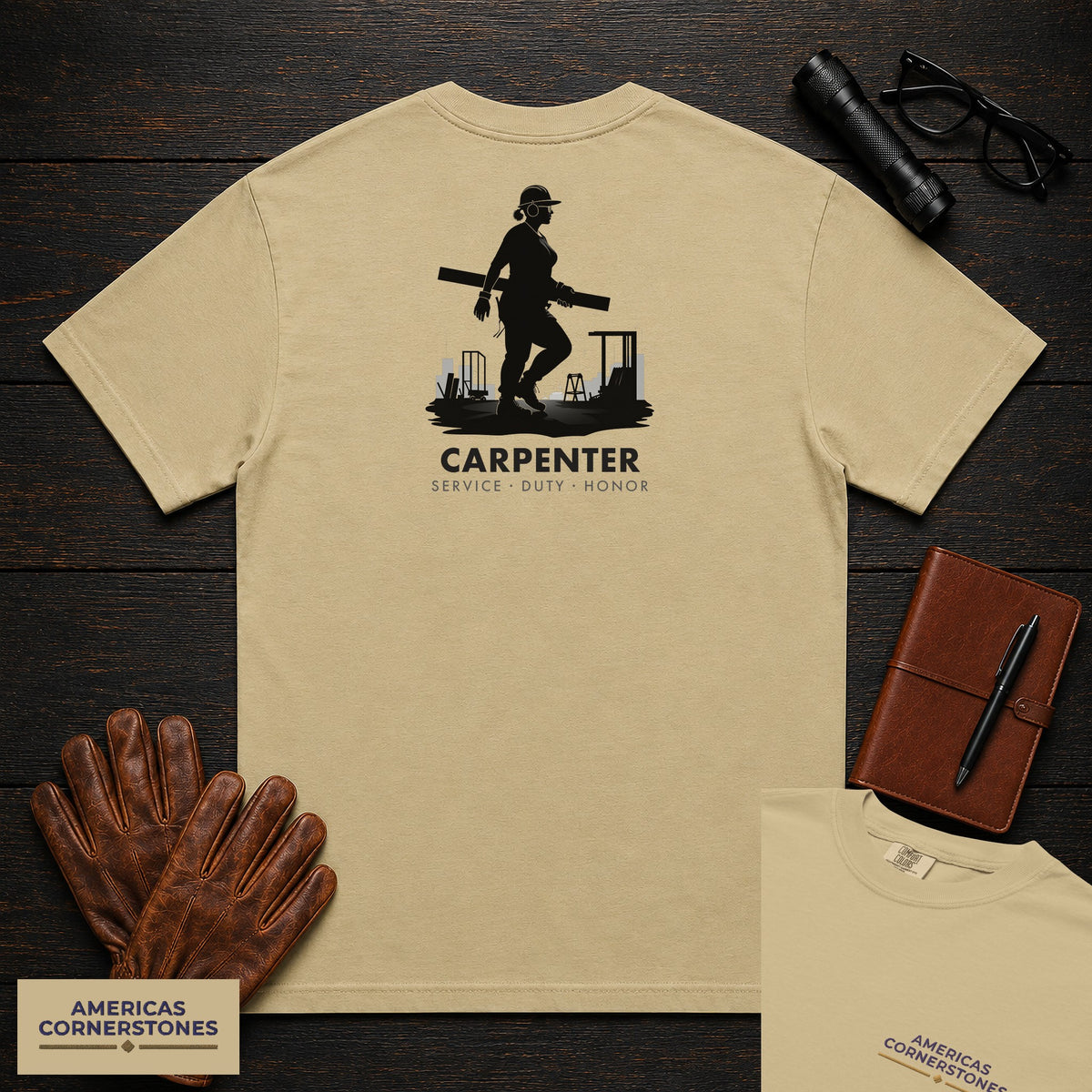 Carpenter embroidered t-shirt in Khaki, Carrying Lumber (Female)