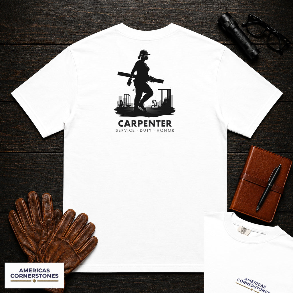 Carpenter embroidered t-shirt in White, Carrying Lumber (Female)