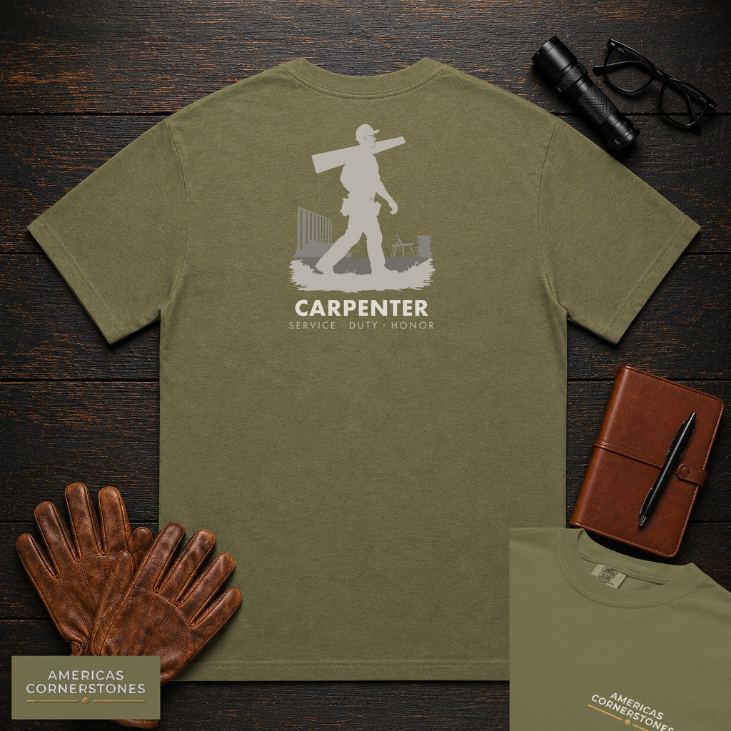 Carpenter embroidered t-shirt in Hemp, Carrying Lumber (Male)
