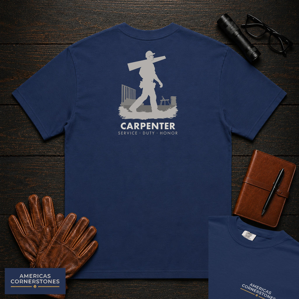 Carpenter embroidered t-shirt in True Navy, Carrying Lumber (Male)