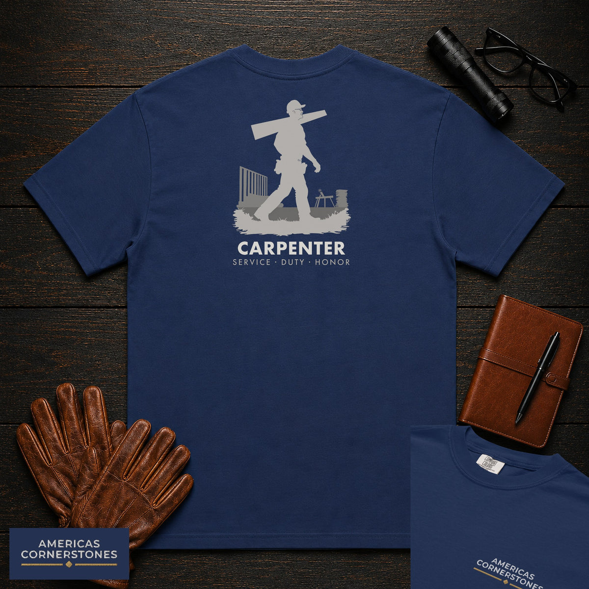 Carpenter embroidered t-shirt in True Navy, Carrying Lumber (Male)