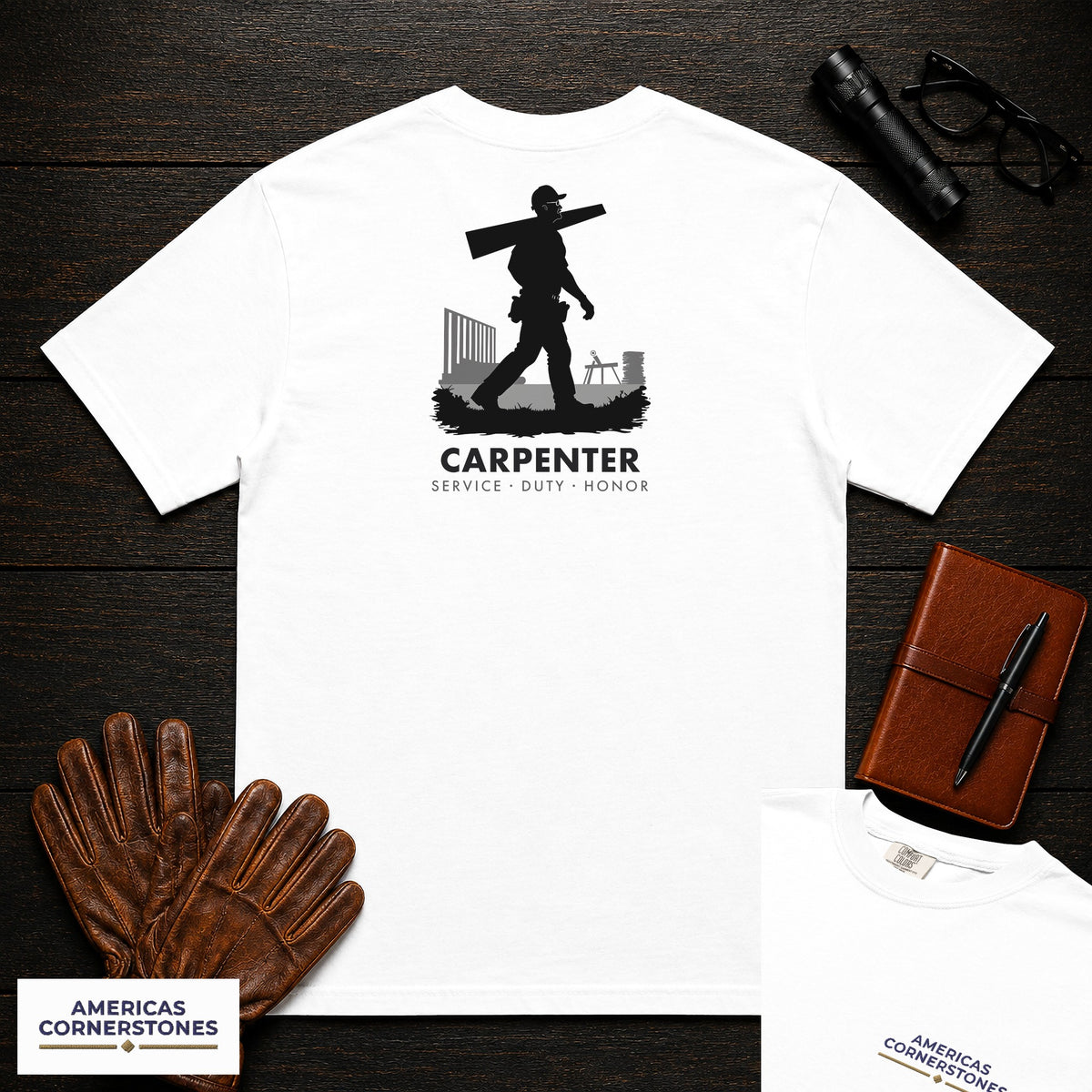 Carpenter embroidered t-shirt in White, Carrying Lumber (Male)