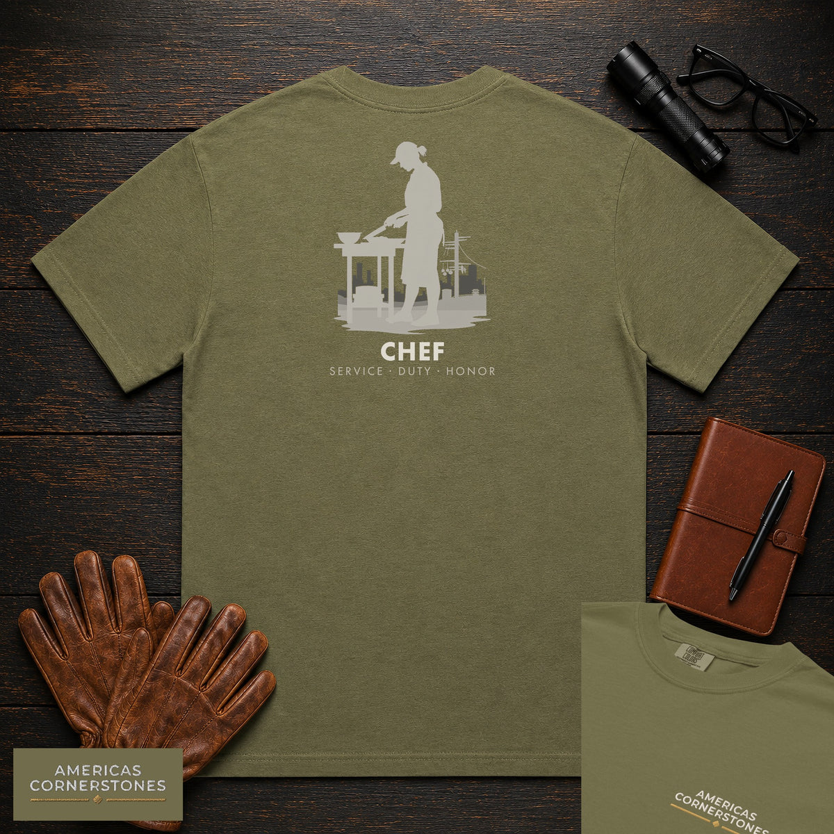 Chef embroidered t-shirt in Hemp, Chopping at the Bench (Female)