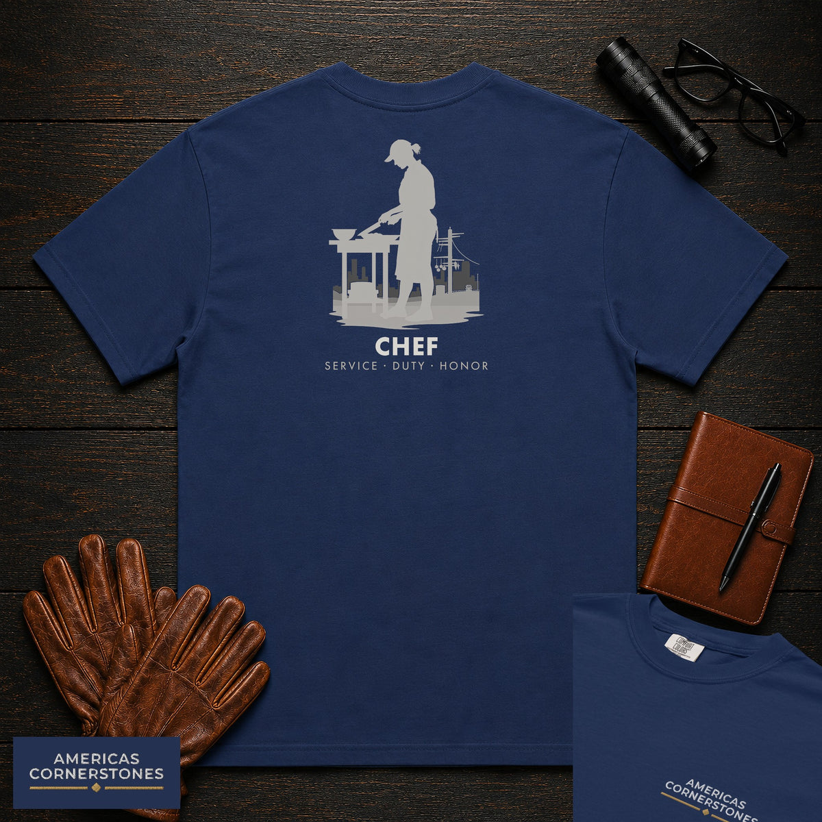Chef embroidered t-shirt in True Navy, Chopping at the Bench (Female)