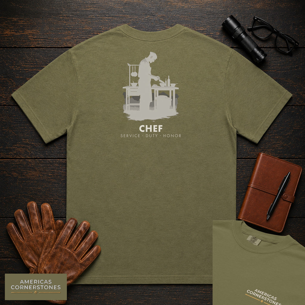 Chef embroidered t-shirt in Hemp, Chopping at the Bench (Male)