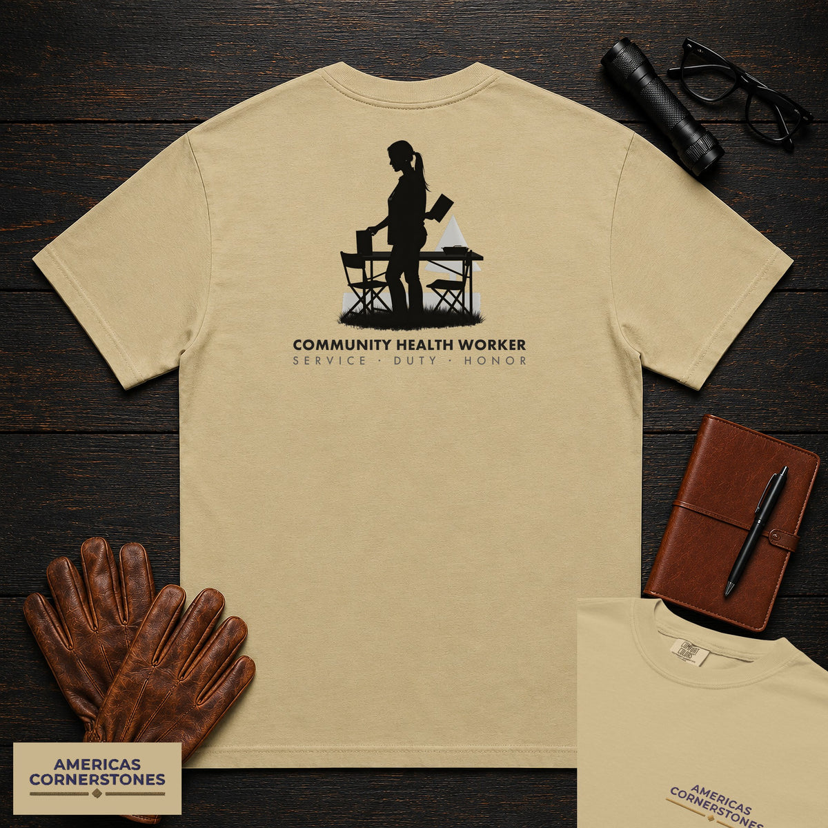 Community Health Worker embroidered t-shirt in Khaki, Community Table (Female)