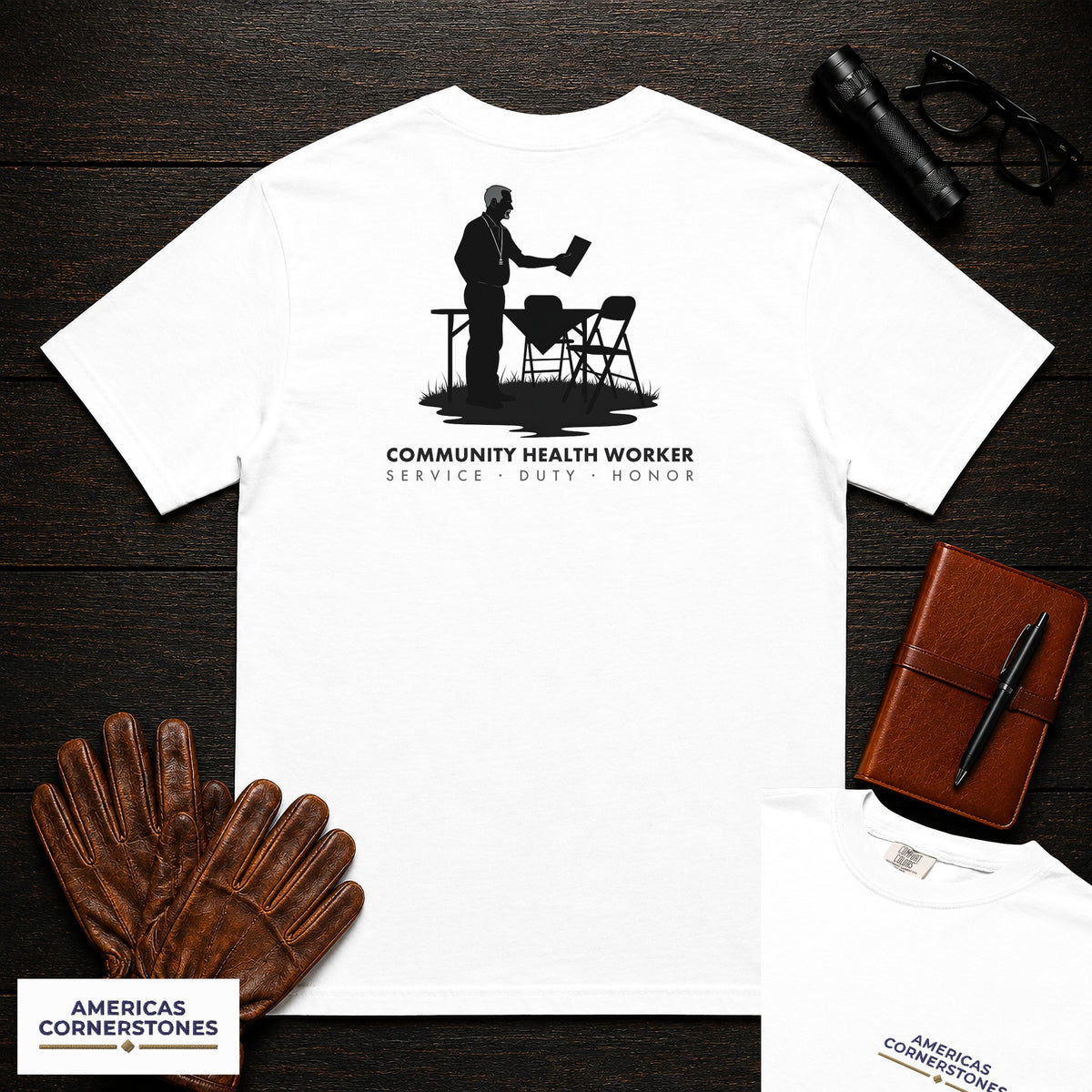 Community Health Worker embroidered t-shirt in White, Community Table (Male)