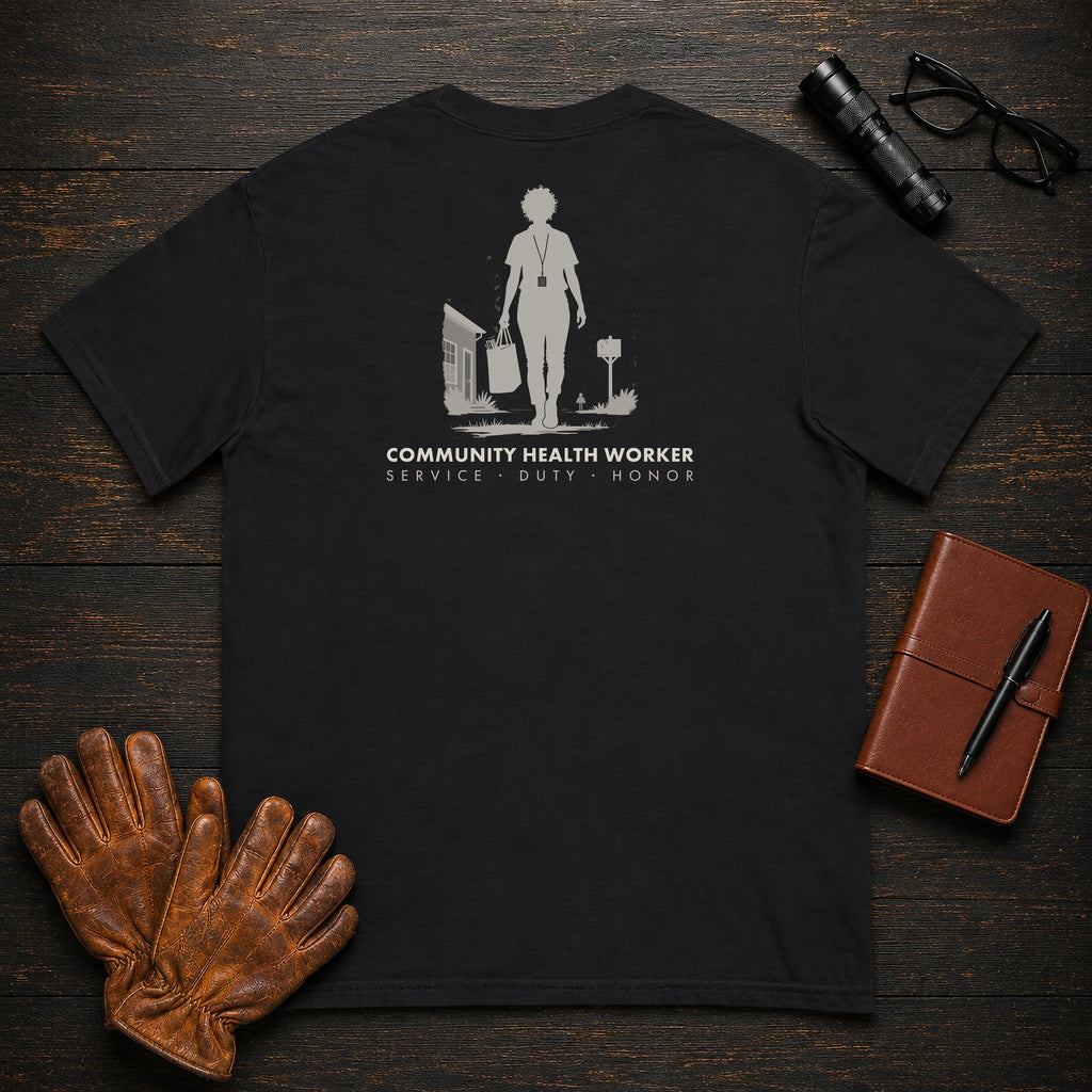 Community Health Worker t-shirt in Black, Neighborhood Visit (Female)