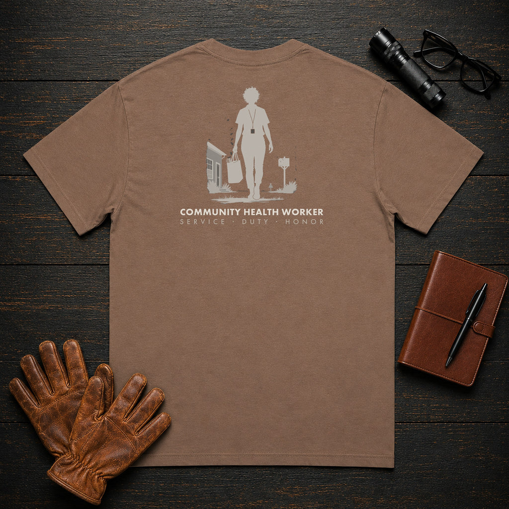 Community Health Worker t-shirt in Espresso, Neighborhood Visit (Female)