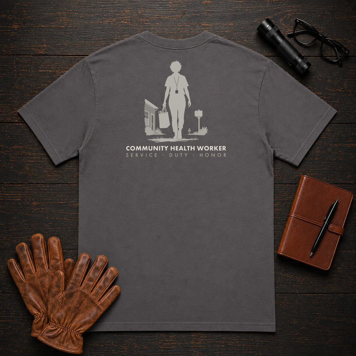Community Health Worker t-shirt in Graphite, Neighborhood Visit (Female)