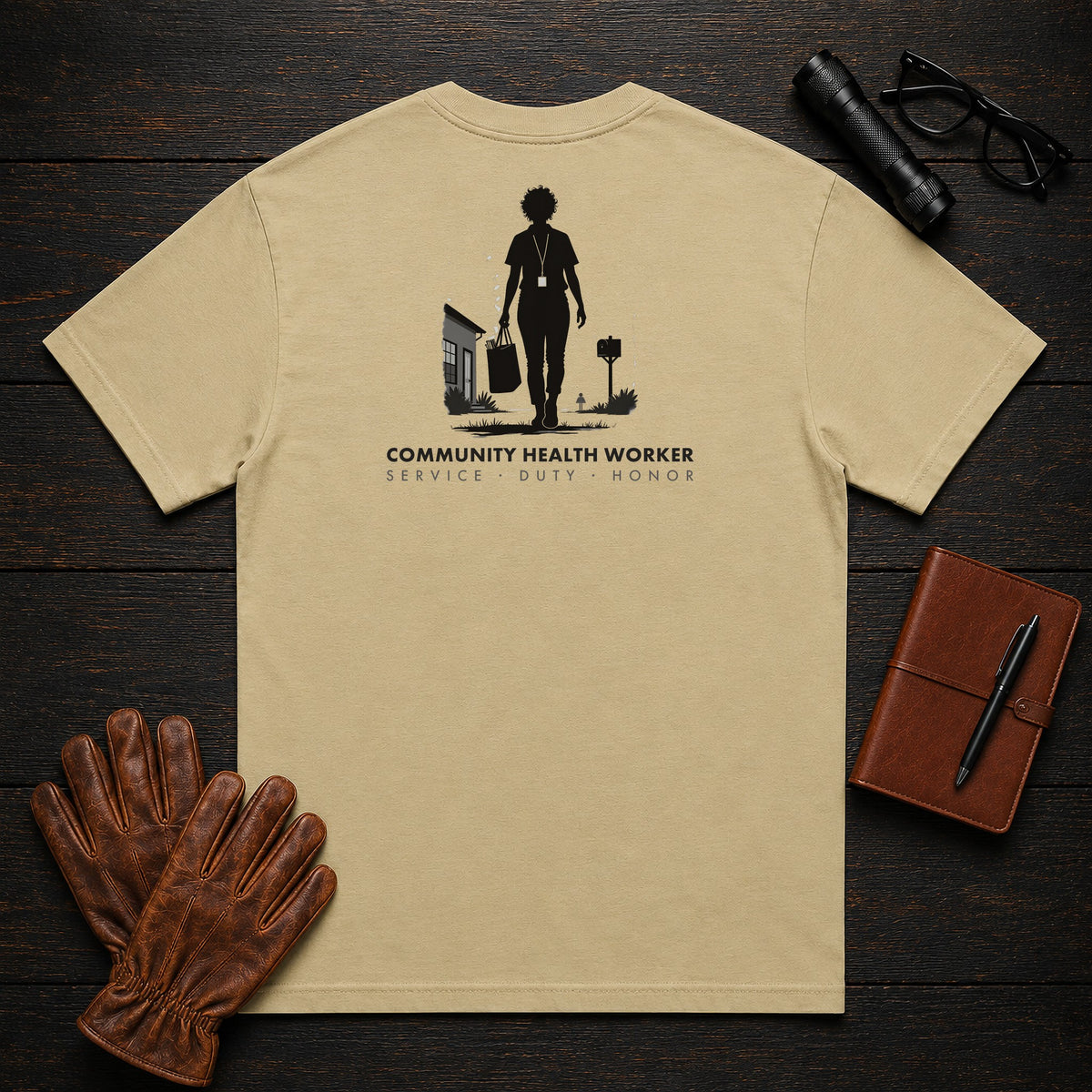 Community Health Worker t-shirt in Khaki, Neighborhood Visit (Female)