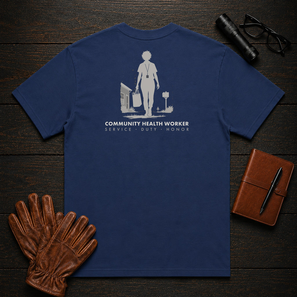 Community Health Worker t-shirt in True Navy, Neighborhood Visit (Female)