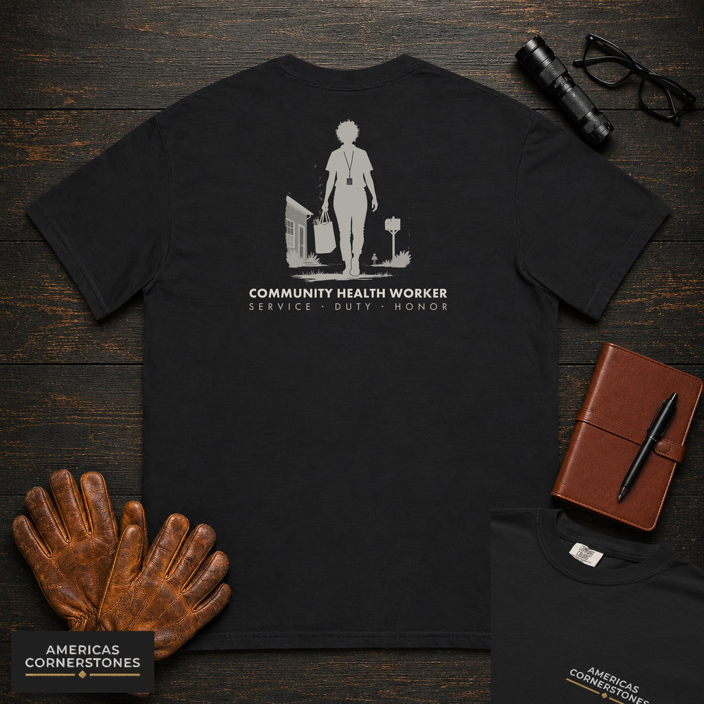 Community Health Worker embroidered t-shirt in Black, Neighborhood Visit (Female)