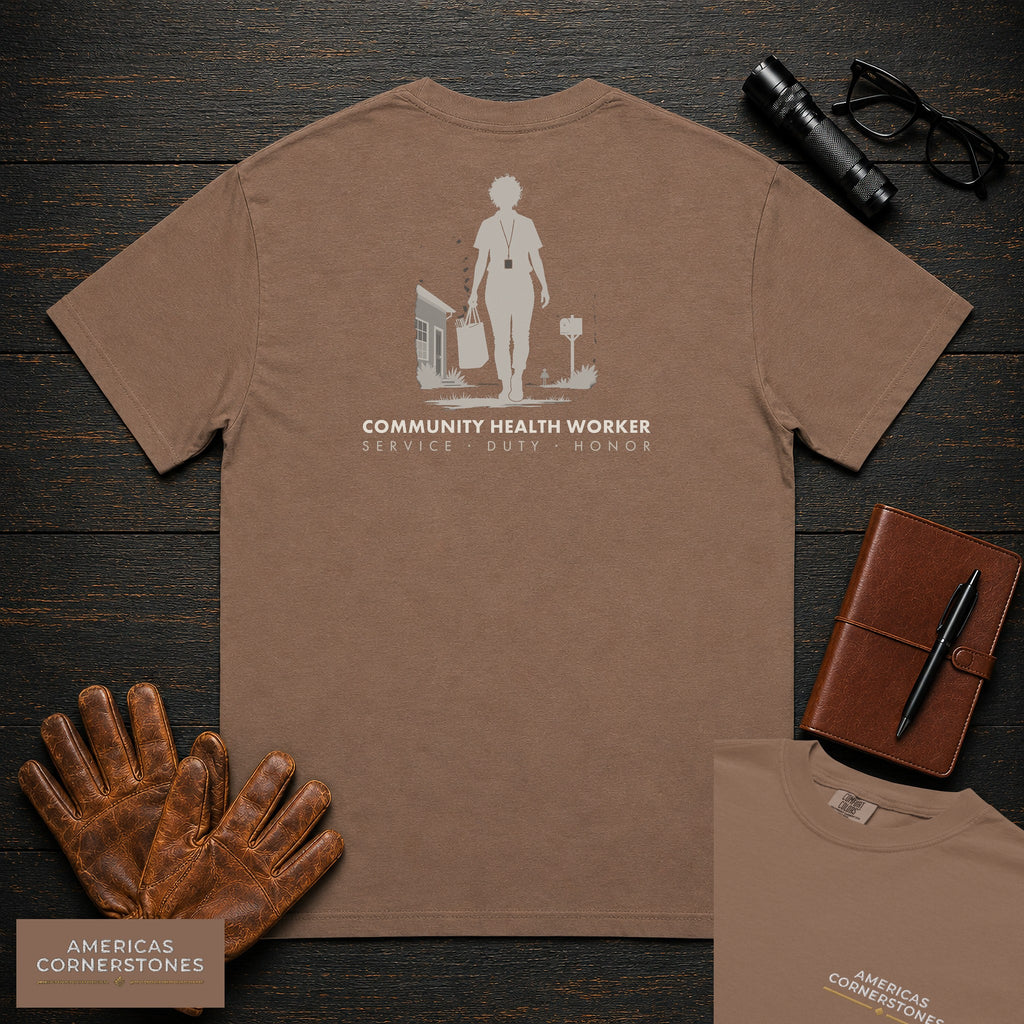 Community Health Worker embroidered t-shirt in Espresso, Neighborhood Visit (Female)