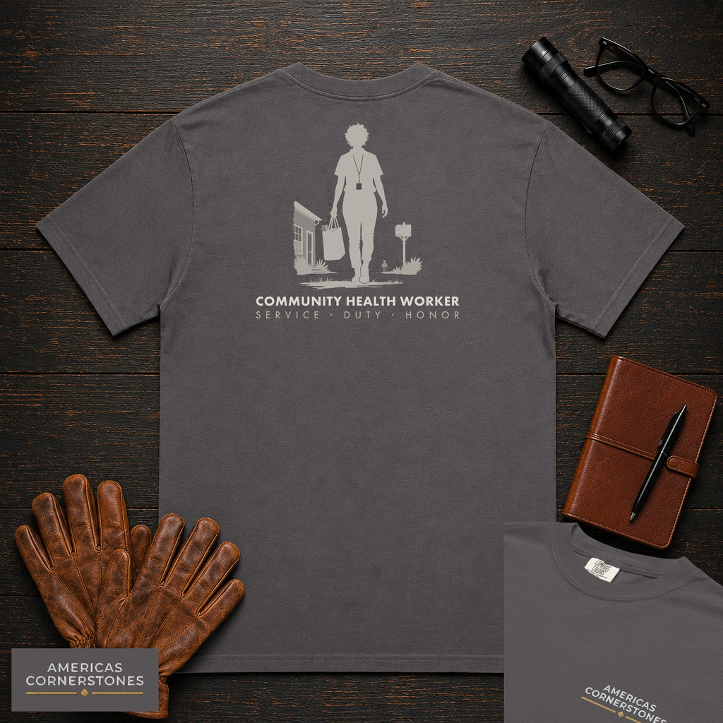 Community Health Worker embroidered t-shirt in Graphite, Neighborhood Visit (Female)