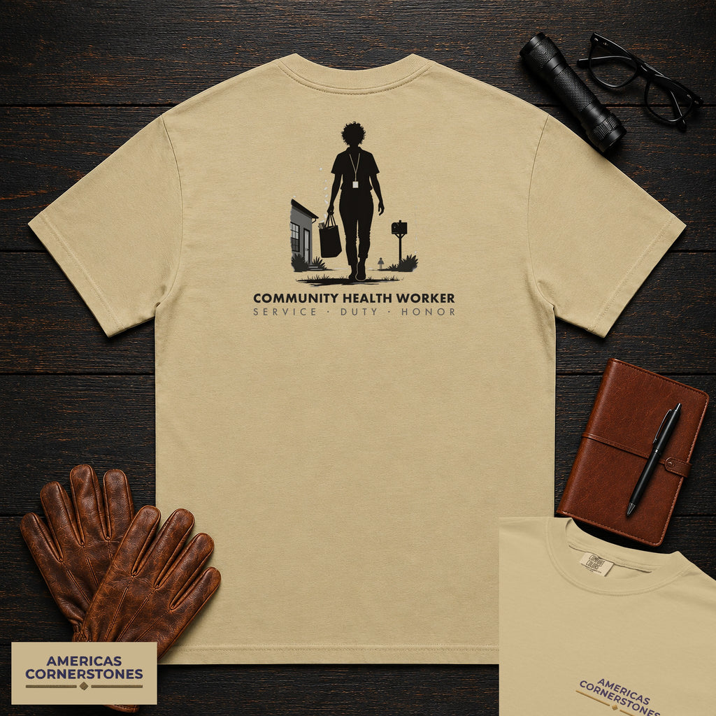 Community Health Worker embroidered t-shirt in Khaki, Neighborhood Visit (Female)