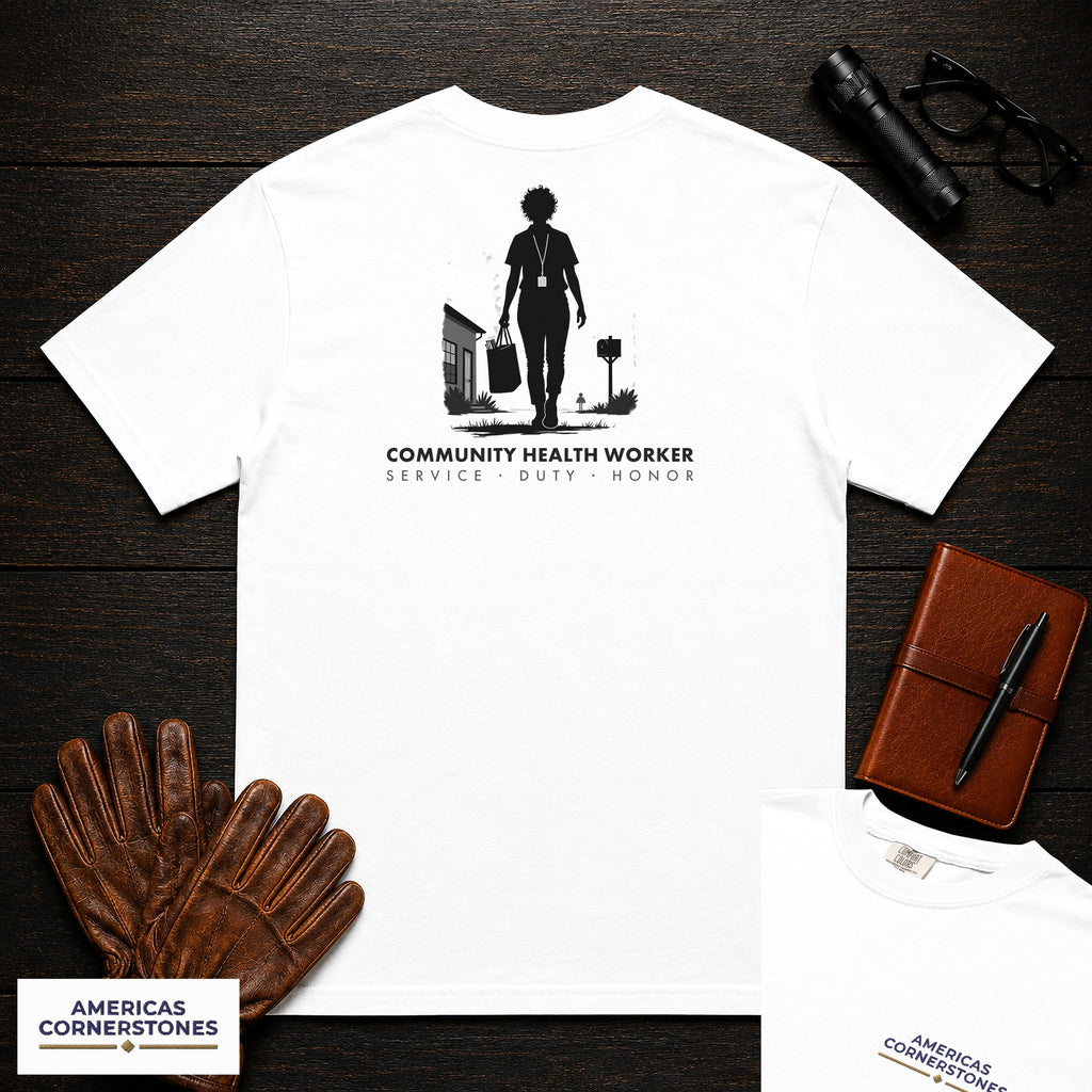 Community Health Worker embroidered t-shirt in White, Neighborhood Visit (Female)