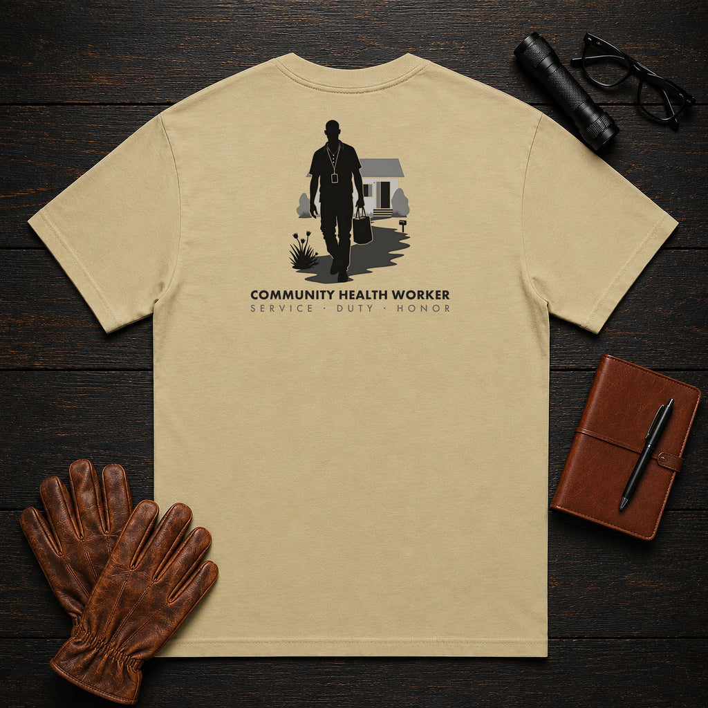 Community Health Worker t-shirt in Khaki, Neighborhood Visit (Male)