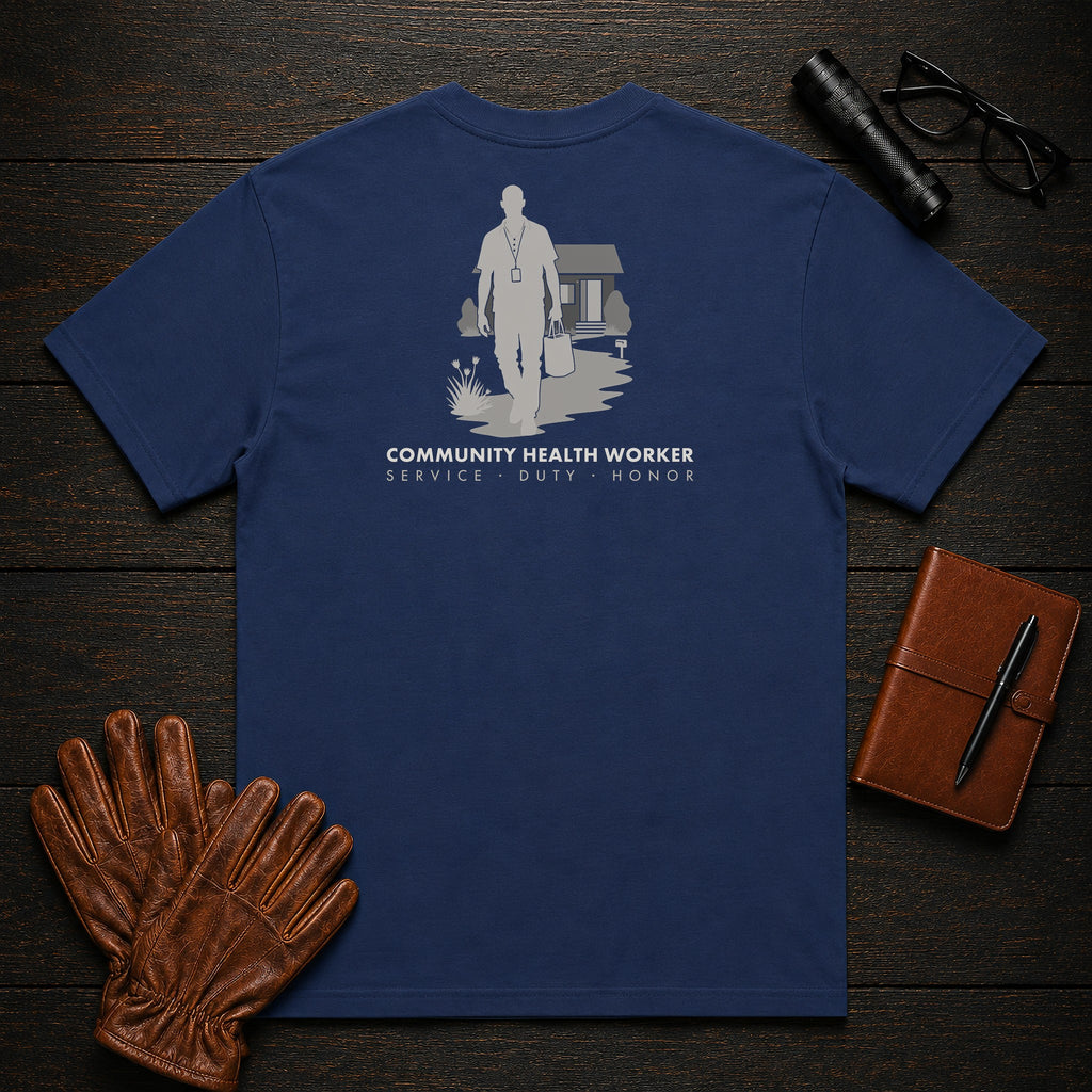 Community Health Worker t-shirt in True Navy, Neighborhood Visit (Male)