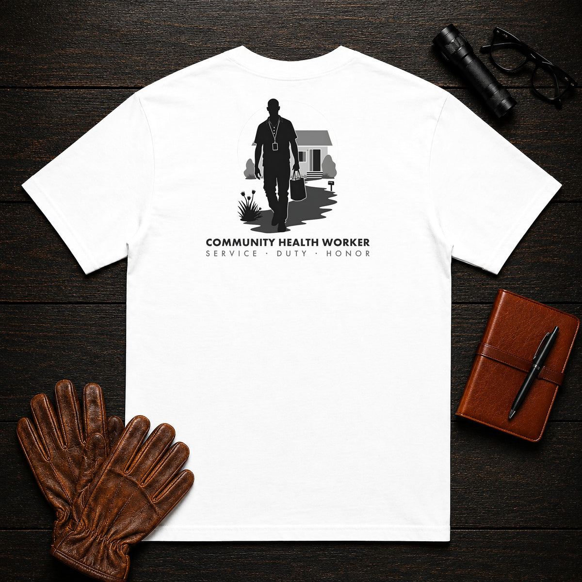 Community Health Worker t-shirt in White, Neighborhood Visit (Male)