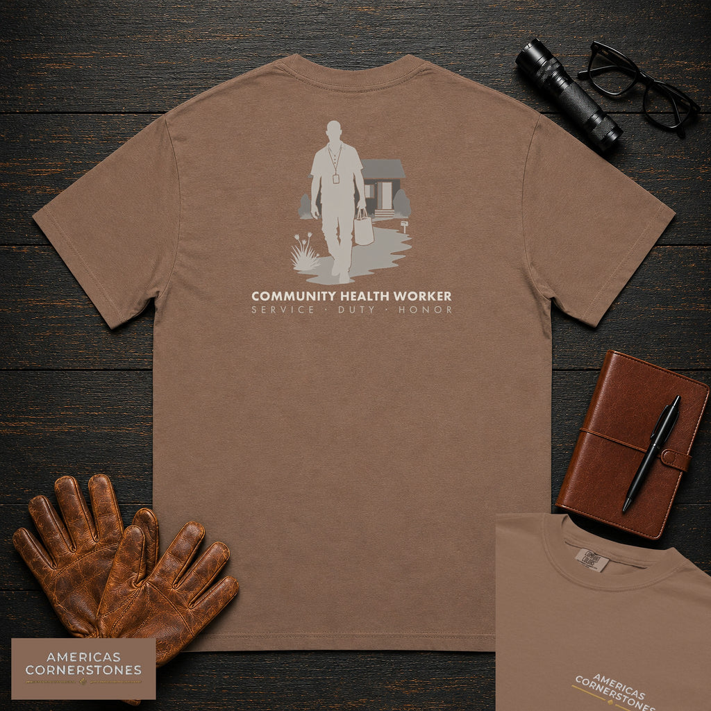 Community Health Worker embroidered t-shirt in Espresso, Neighborhood Visit (Male)