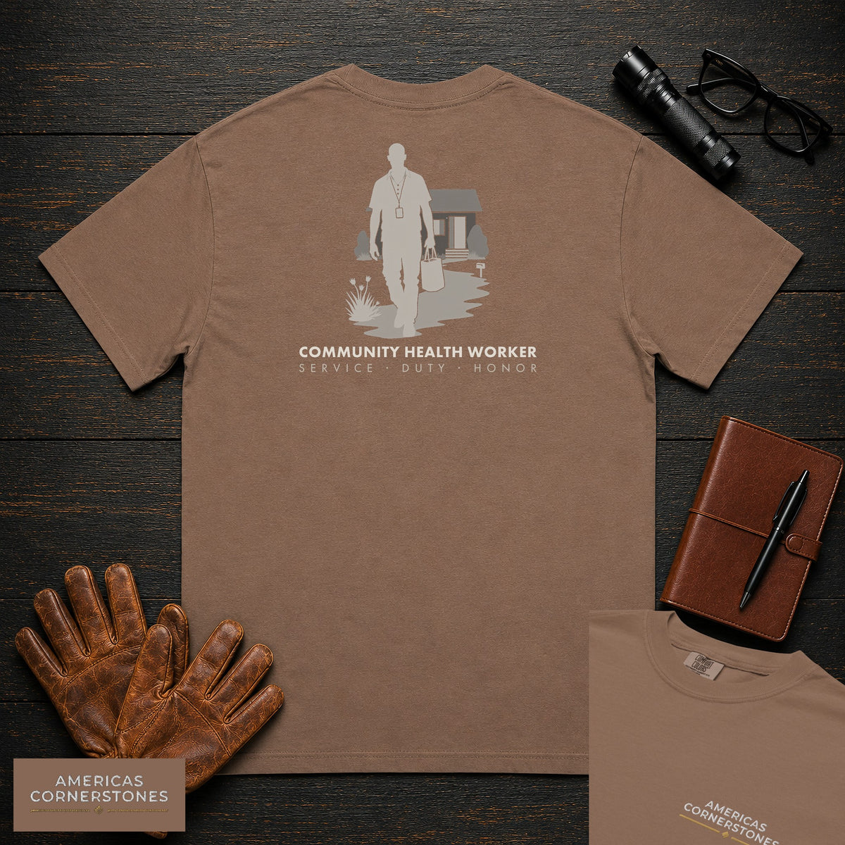 Community Health Worker embroidered t-shirt in Espresso, Neighborhood Visit (Male)