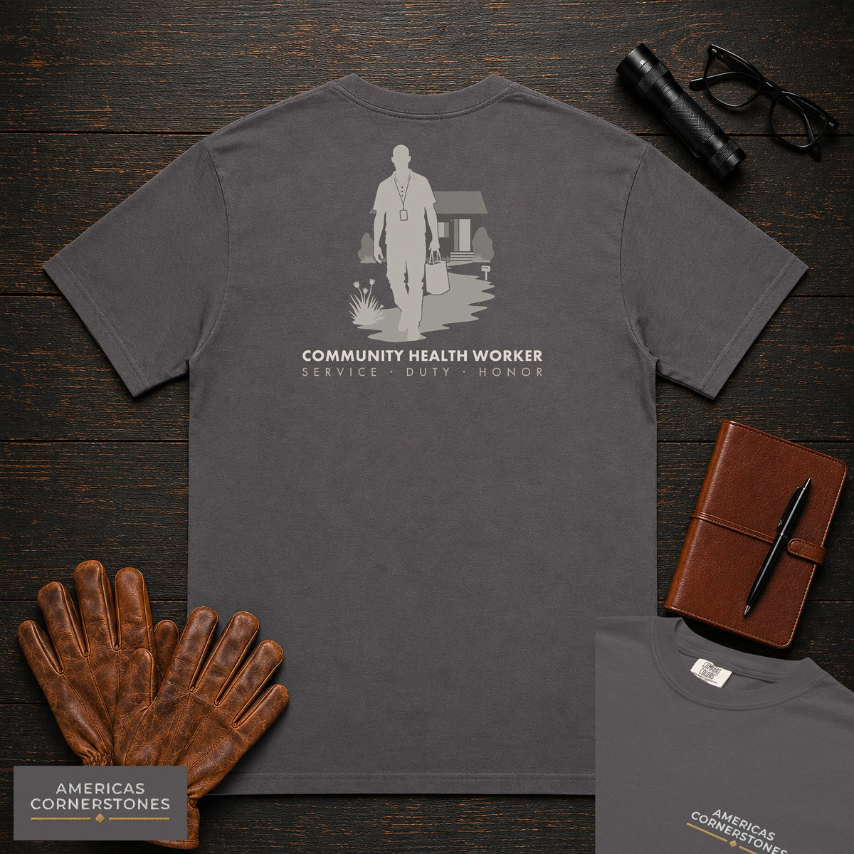 Community Health Worker embroidered t-shirt in Graphite, Neighborhood Visit (Male)