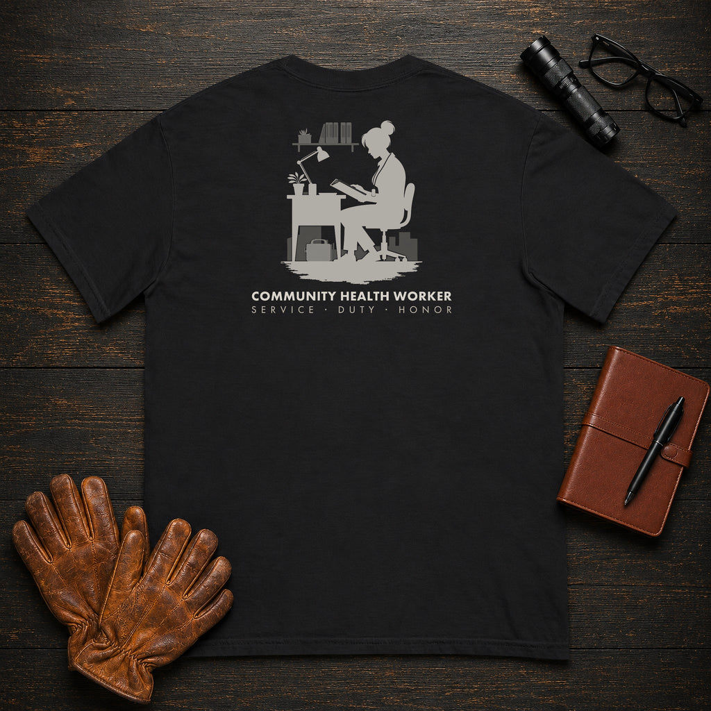 Community Health Worker t-shirt in Black, Referral Binder (Female)