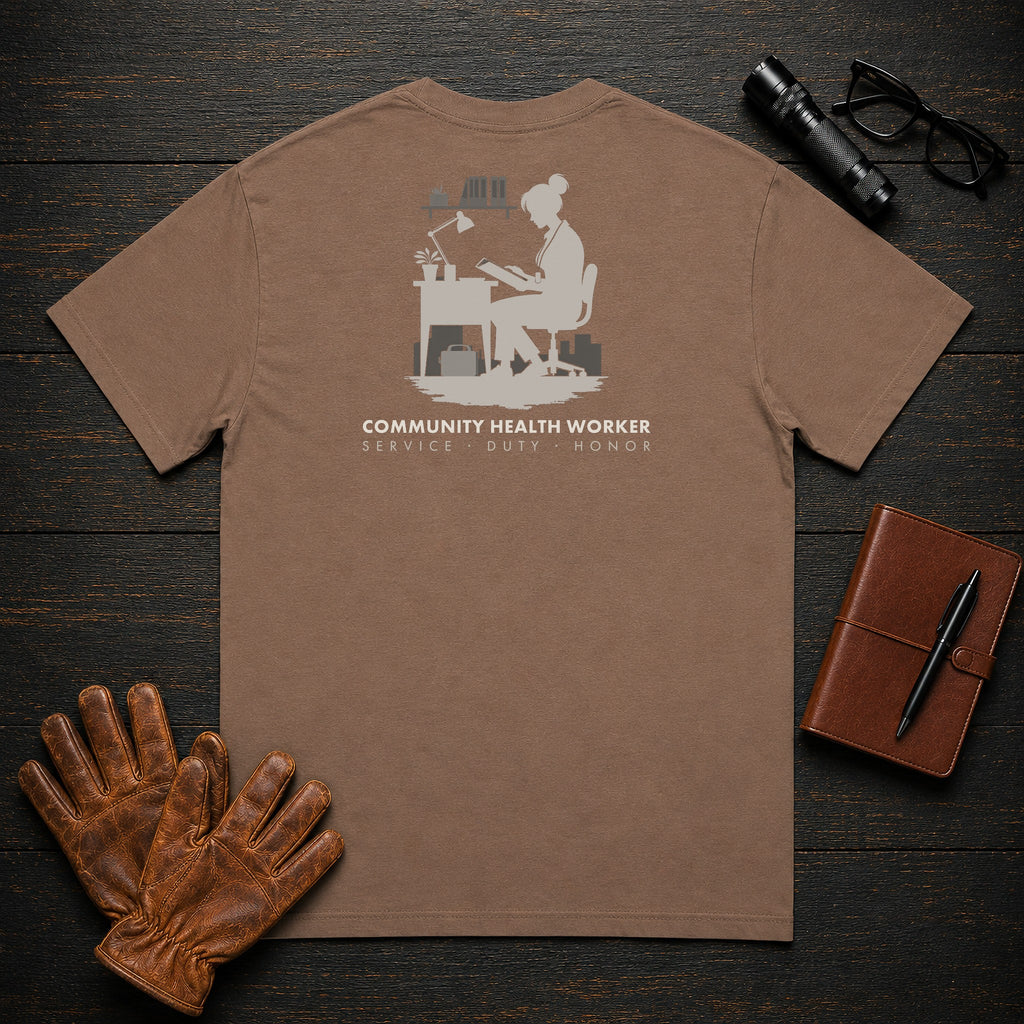 Community Health Worker t-shirt in Espresso, Referral Binder (Female)