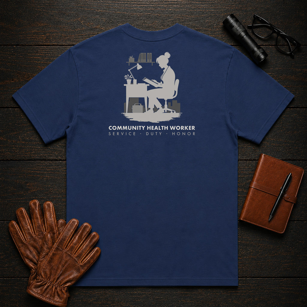 Community Health Worker t-shirt in True Navy, Referral Binder (Female)