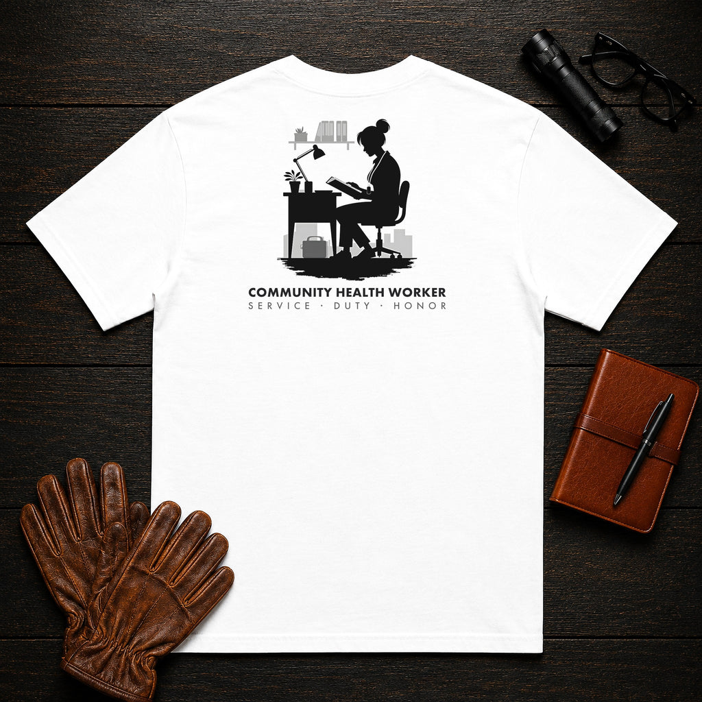 Community Health Worker t-shirt in White, Referral Binder (Female)