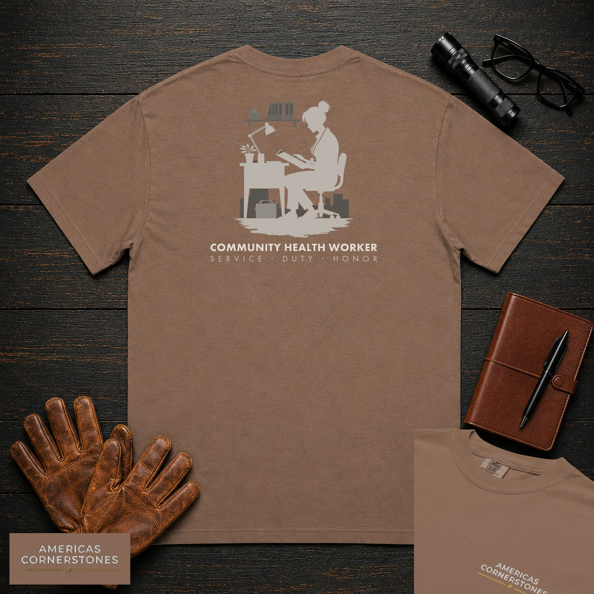 Community Health Worker embroidered t-shirt in Espresso, Referral Binder (Female)