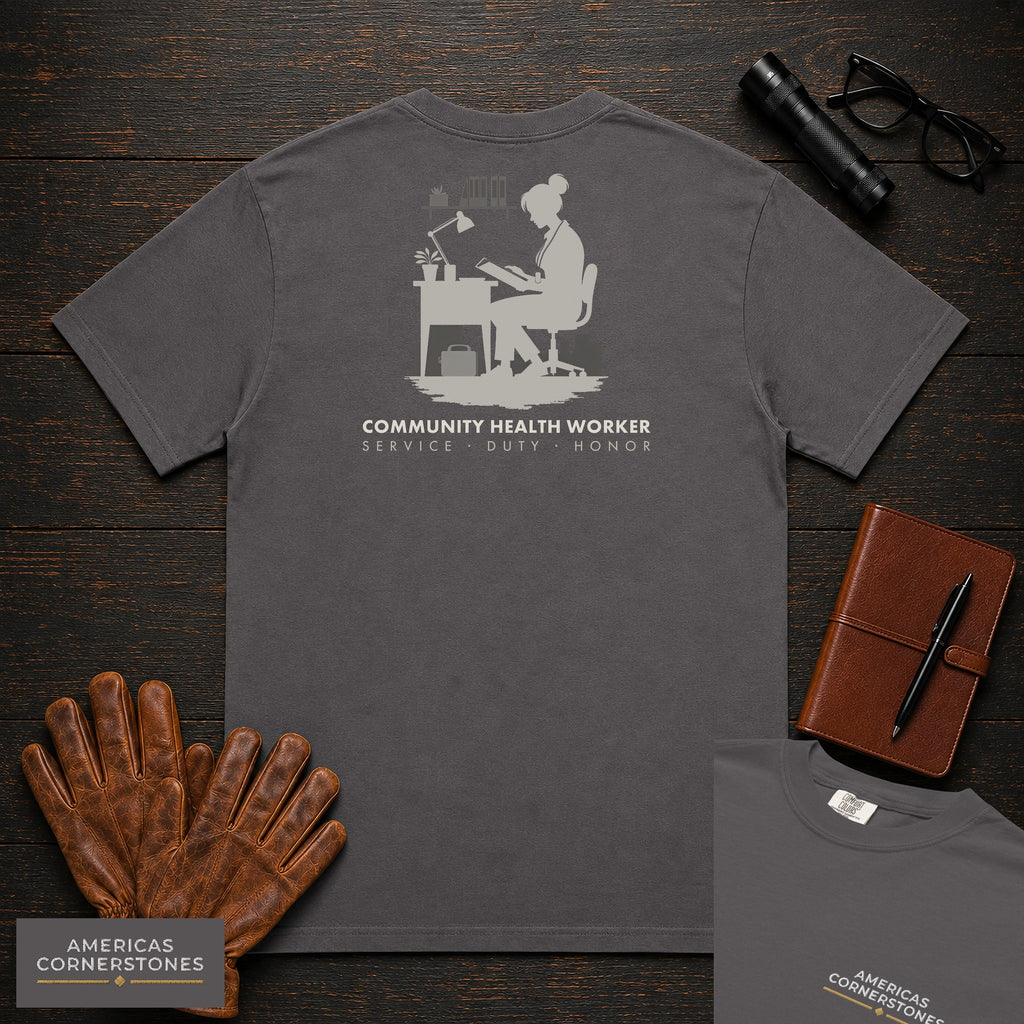 Community Health Worker embroidered t-shirt in Graphite, Referral Binder (Female)