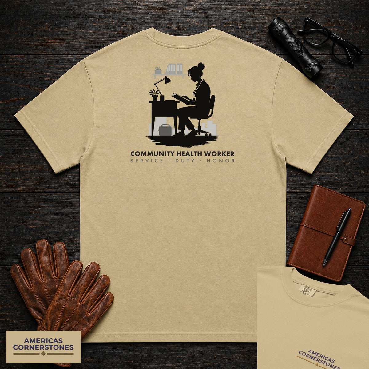 Community Health Worker embroidered t-shirt in Khaki, Referral Binder (Female)