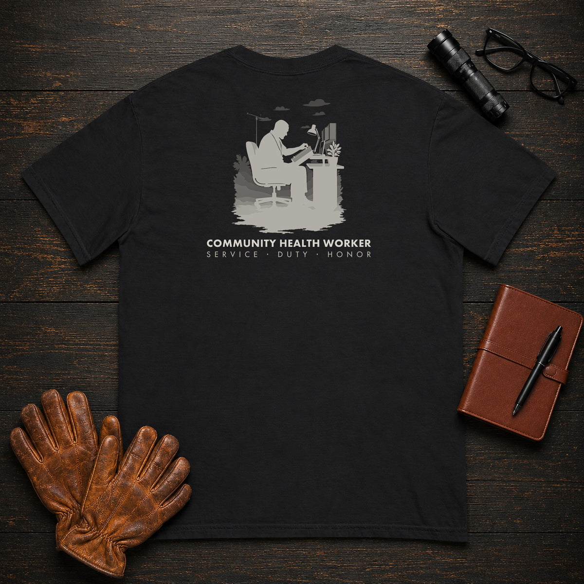 Community Health Worker t-shirt in Black, Referral Binder (Male)