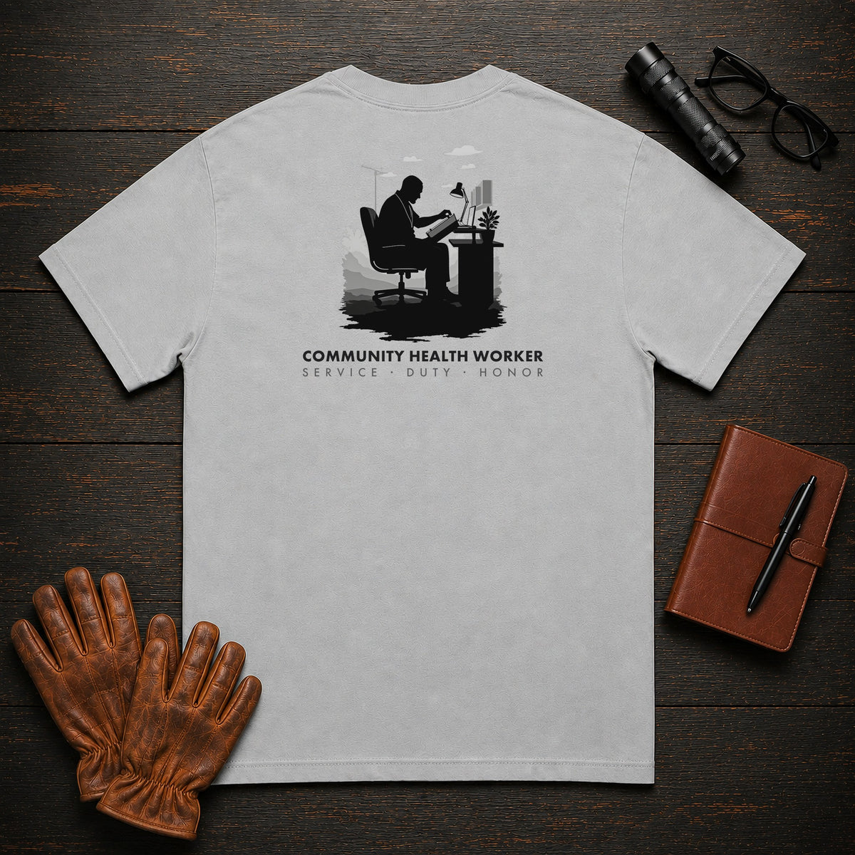 Community Health Worker t-shirt in Granite, Referral Binder (Male)