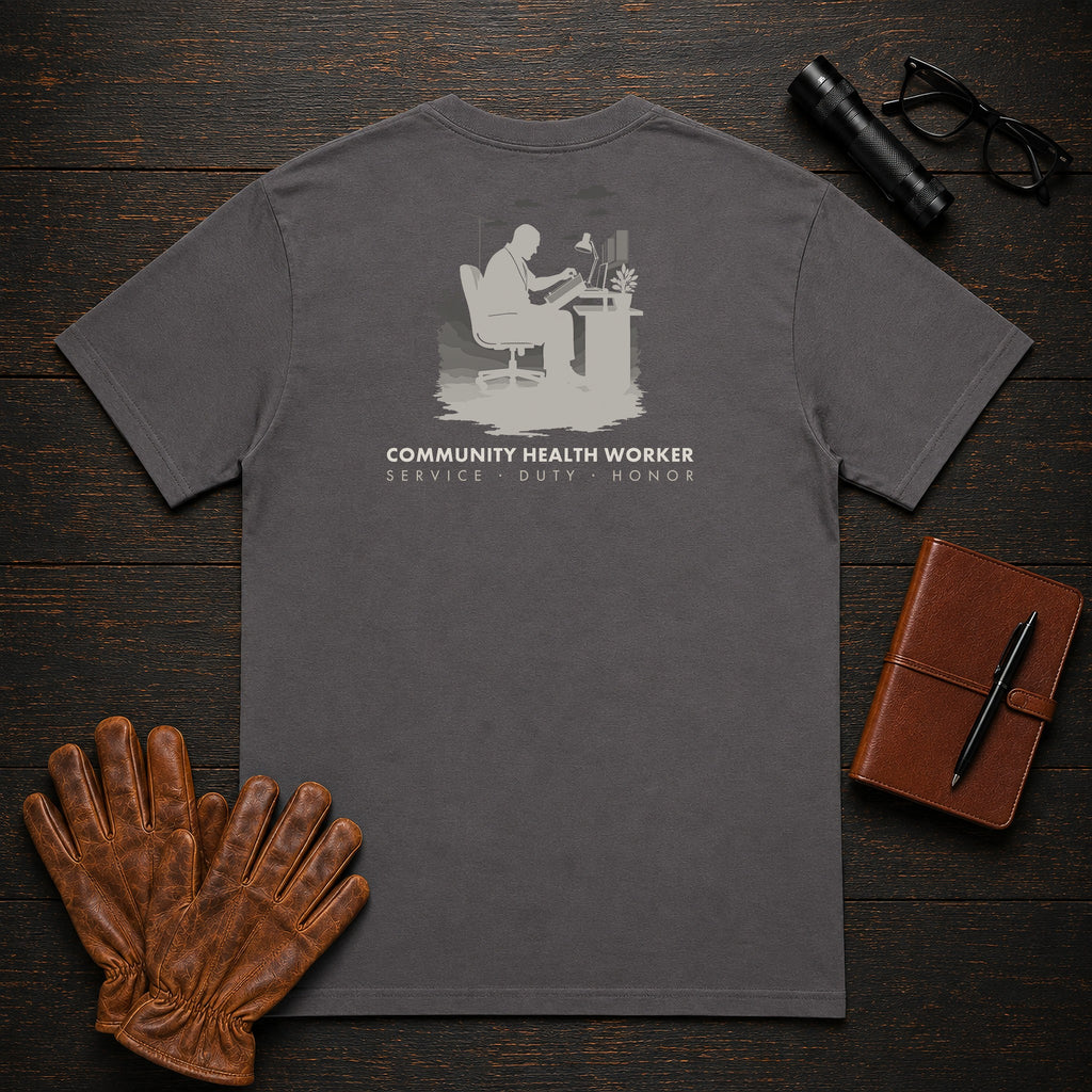 Community Health Worker t-shirt in Graphite, Referral Binder (Male)